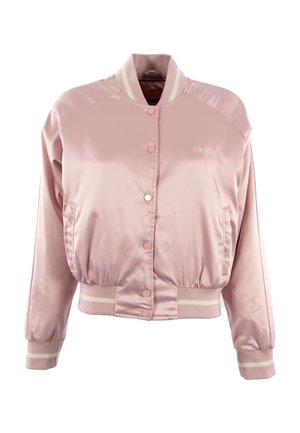Veste bomber en satin rose avec col et poignets côtelés rayés, dotée d'une taille cintrée, d'une fermeture à boutons et de poches avant.
