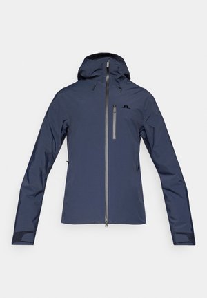 Navy blue waterproof jacket with a hood, featuring a front zipper and two side pockets, made of smooth, durable material.