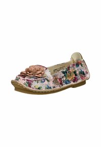 Ballet flats floreali con tomaia in tessuto rosa dalla texture, fiore decorativo in tessuto sulla punta e suola marrone resistente.