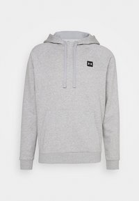 Grå sweatshirt med huva, dragskor och en framficka. Tillverkad av mjukt material, med en liten svart logotyp på bröstet.