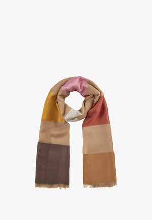 Rectangular scarf featuring a patchwork design in tan, mustard, pink, brown, and rust colors with soft texture and fringed edges.