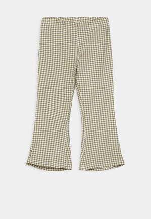 Pantalon à carreaux vichy verts et blancs avec taille élastique et jambes légèrement évasées, posé à plat sur fond blanc.
