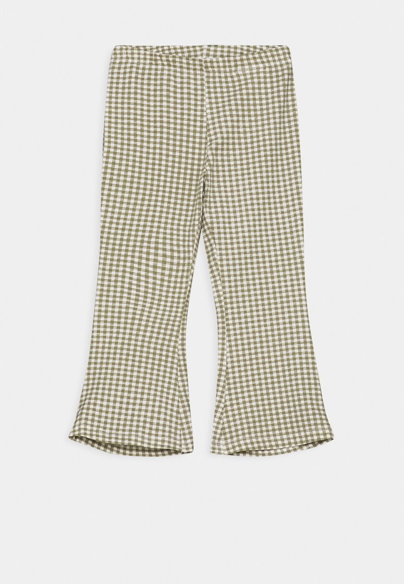 Pantalon à carreaux vichy verts et blancs avec taille élastique et jambes légèrement évasées, posé à plat sur fond blanc.