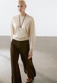 Maglione beige chiaro con maniche lunghe, abbinato a pantaloni larghi marrone scuro e una collana con un pendente in argento. Texture liscia in tutto.
