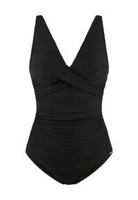 Schwarzer Badeanzug mit tiefem V-Ausschnitt, verdrehtem Vorderteil und geraffter Textur im gesamten Stoff.