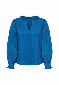 Blouse bleue à manches longues avec un motif texturé, un col froncé et une découpe en forme de V. Manches élastiques et coupe décontractée.