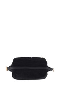 Borsa da toiletta rettangolare nera con tessuto texture, zip centrale, tirazip in sughero e piccolo logo circolare sulla parte superiore.