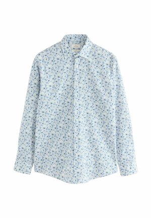 Langärmliges Hemd zum Zumknöpfen mit einem hellblauen und weißen Blumenmuster, ausgestattet mit einem klassischen Kragen und Knöpfen vorne.