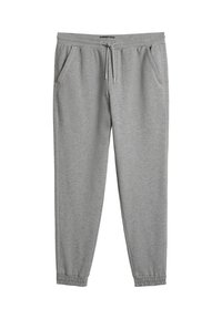Szare spodnie dresowe wykonane z miękkiego materiału, z elastycznym pasem i sznurkiem do ściągania, wyposażone w dwie boczne kieszenie oraz zwężane mankiety.
