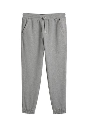 Pantaloni della tuta grigi realizzati in tessuto morbido con vita elastica e coulisse, dotati di due tasche laterali e polsini sagomati.