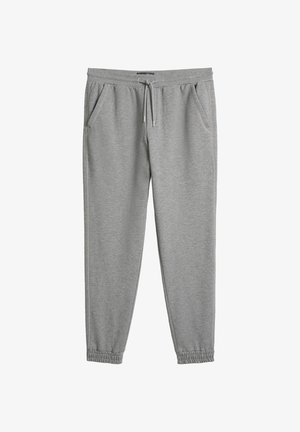 Szare spodnie dresowe wykonane z miękkiego materiału, z elastycznym pasem i sznurkiem do ściągania, wyposażone w dwie boczne kieszenie oraz zwężane mankiety.