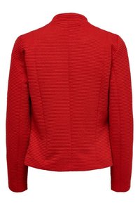 Rote strukturierte Jacke mit figurbetontem Design, geripptem Stoff und hohem Kragen. Verfügt über strukturierte Nähte und lange Ärmel.