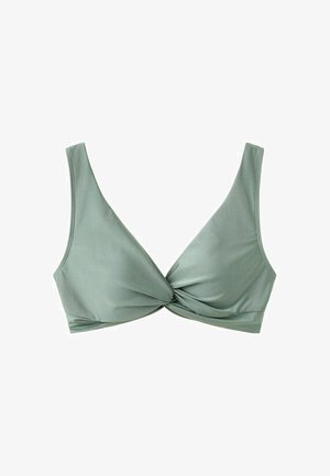 Top de bikini verde suave con detalle frontal torcido y tirantes anchos, diseñado para un ajuste cómodo.