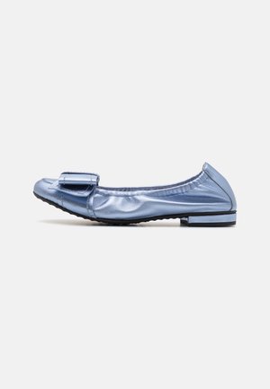 Blue synthetic flat shoe with a flat heel, featuring a prominent buckle on the toe, smooth texture, and rounded shape.