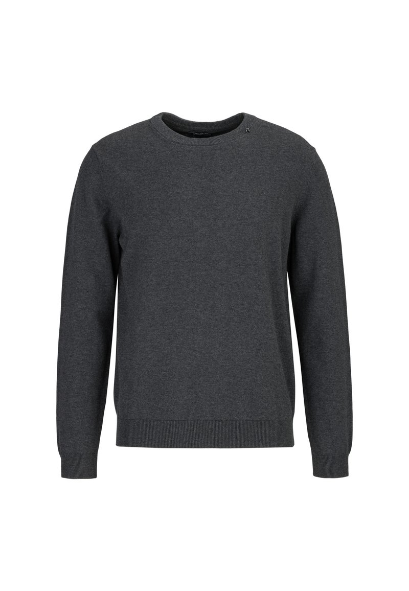 Pull à col rond gris foncé avec des manches longues et des poignets et un ourlet côtelés, présenté sur un fond blanc.