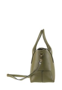 Olijfgroene leren handtas met twee hengsels, een ritsluiting en een afneembare schouderriem. Kenmerkt zich door een textuur en gouden hardware accenten.