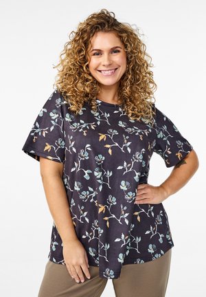 Floral-patterned, short-sleeve black top featuring blue and orange accents on a lightweight fabric with a relaxed fit.