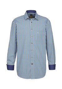 Camicia a maniche lunghe a quadri in blu, verde e bianco con colletto e polsini blu uni, dotata di bottoni lungo il davanti e di una tasca sul petto.