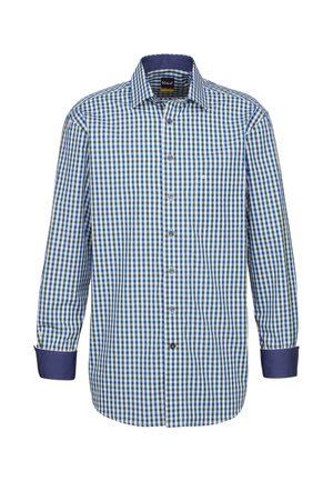 Camicia a maniche lunghe a quadri in blu, verde e bianco con colletto e polsini blu uni, dotata di bottoni lungo il davanti e di una tasca sul petto.