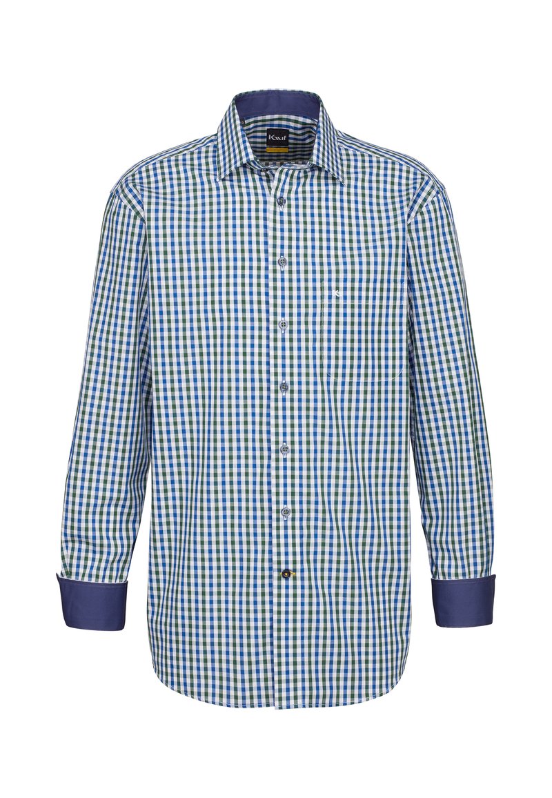 Camicia a maniche lunghe a quadri in blu, verde e bianco con colletto e polsini blu uni, dotata di bottoni lungo il davanti e di una tasca sul petto.