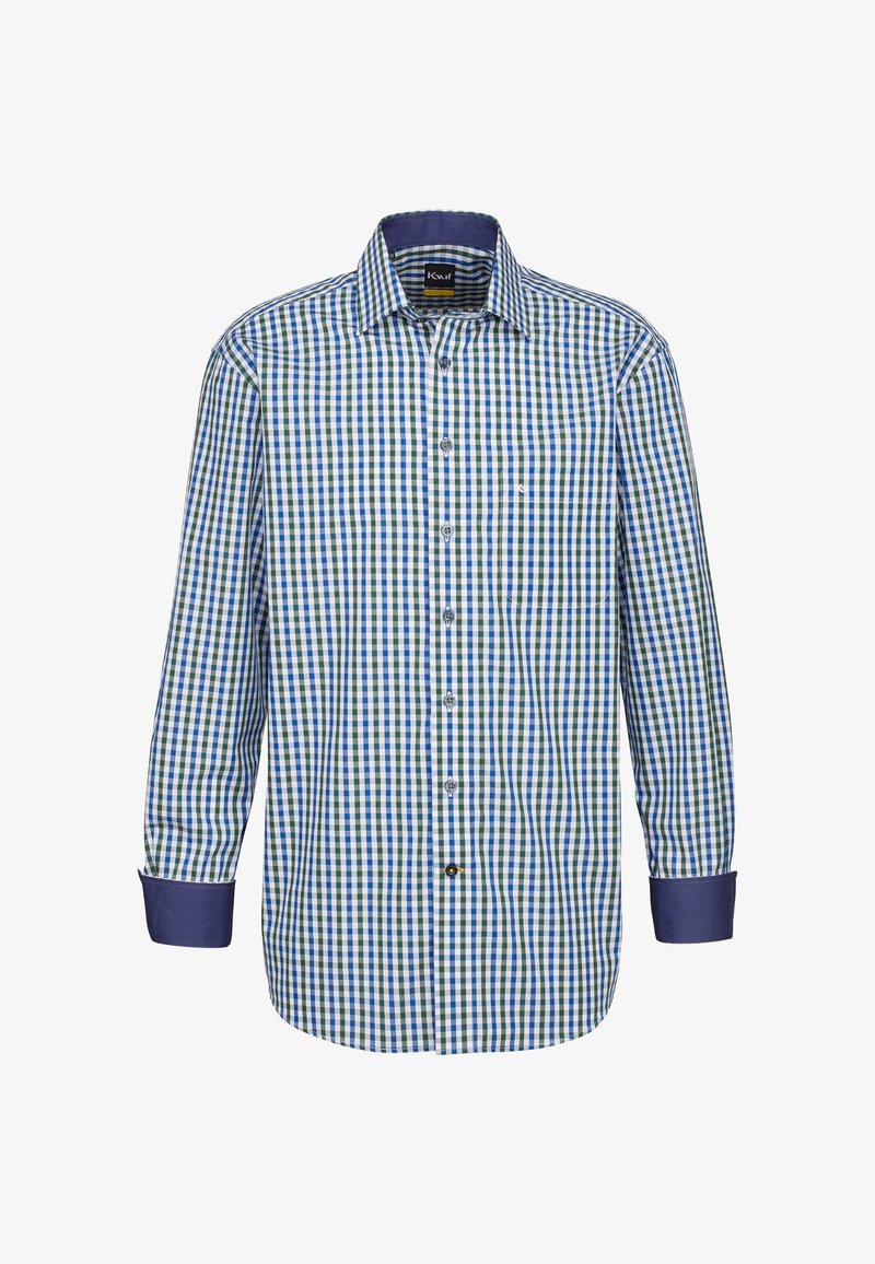 Camicia a maniche lunghe a quadri in blu, verde e bianco con colletto e polsini blu uni, dotata di bottoni lungo il davanti e di una tasca sul petto.