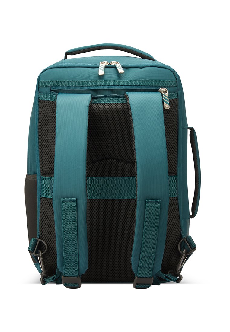 Zaino teal con spallacci in rete imbottiti e parte superiore con zip. Presenta un pannello black testurizzato e una maniglia rinforzata. Costruzione in tessuto resistente.