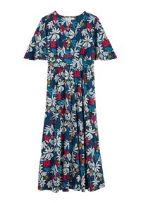 Robe maxi bleu marine avec imprimé floral blanc, rouge, rose et jaune, manches courtes volantées, et décolleté en V.