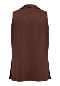 Brown sleeveless top with a collar, featuring a smooth texture and extended back hem. Black side paneling adds contrast.