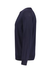 Navy blue knitted sweater with a round neckline, long sleeves, ribbed cuffs, and hem; lightweight texture, simple design, no patterns.