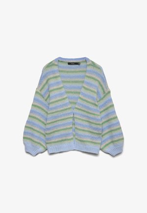 Soft knit cardigan with light blue, green, and cream horizontal stripes, long balloon sleeves, and an open front design.