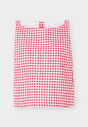 Μπλούζα χωρίς μανίκια με κόκκινο και λευκό καρό, τετράγωνη λαιμόκοψη και μικρό υφασμάτινο λουράκι στο μπροστινό κέντρο.