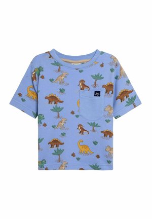 Kurzes, blaues T-Shirt mit Dinosaurier-Muster in mehreren Farben. Mit einer frontalen Tasche, die ein Logo-Label enthält. Weiches Baumwollmaterial.