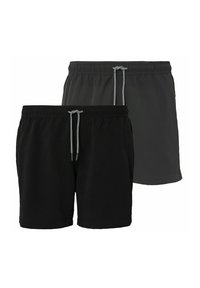 Zwei Paar Herren-Badeshorts, schwarz und dunkelgrau, beide mit elastischem Bund und weißen Kordeln.