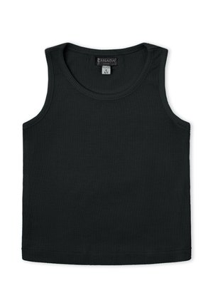 Top corto negro sin mangas con textura acanalada y escote redondo, talla 4, etiqueta que dice "CANADA HOUSE."