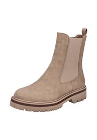 Beige Knöchelstiefel aus strukturiertem Wildleder mit elastischen Seitenpanelen und brauner Gummisohle. Verfügt über eine Zugschlaufe hinten und kontrastierende Nähte.