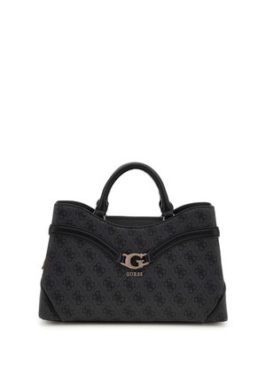 Sort Guess håndtaske med monogrammønster, to håndtag og et sølvfarvet G-logo samt mærkenavn foran i midten.