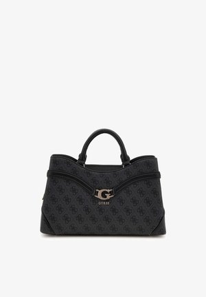 Sac à main noir Guess avec motif monogramme, deux anses, un logo G argenté et le nom de la marque au centre avant.