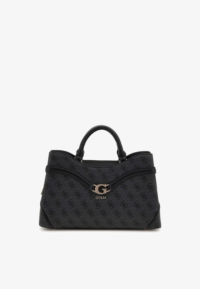 Sac à main noir Guess avec motif monogramme, deux anses, un logo G argenté et le nom de la marque au centre avant.