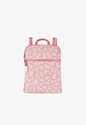 Pink patterned backpack with a structured shape, featuring a front zipper pocket, fabric texture, and dual shoulder straps.