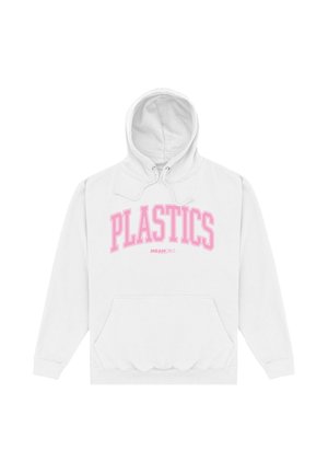 Felpa bianca con cappuccio e tasca frontale, scritta rosa "PLASTICS" e scritta più piccola "MEAN GIRLS" sotto sul petto.