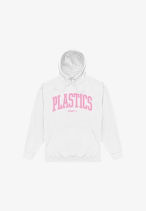 Sweat à capuche blanc avec poche avant, texte rose "PLASTICS" et texte plus petit "MEAN GIRLS" en dessous sur la poitrine.