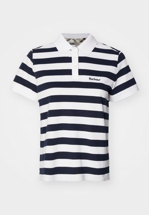 Navy and white striped polo shirt with a collar, featuring two buttons and a small embroidered logo on the left chest.