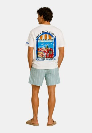 Uomo che indossa una maglietta bianca con un'illustrazione colorata di un picnic in riva al mare e testo, abbinata a pantaloncini azzurri a righe e scarpe beige senza lacci.