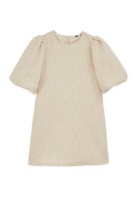 Bež obleka s kratkimi rokavi s strukturnim cvetličnim vzorcem, okroglo izrezom in diskretnim zadrgo na hrbtni strani. Balonasti rokavi dodajajo dimenzijo.