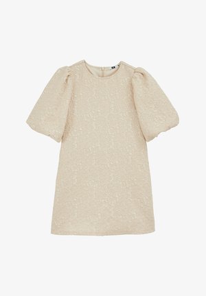 Beige Kurzarmkleid mit strukturiertem Blumenmuster, Rundhalsausschnitt und diskretem Reißverschluss hinten. Puffärmel sorgen für Dimension.