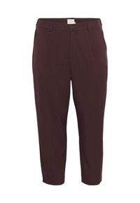 Burgundy tailored trousers with a straight cut, featuring a button closure, belt loops, and front pockets. Smooth fabric with a subtle sheen.