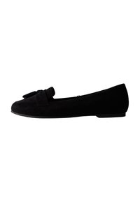 Zwarte suède ballerina's met een ronde neus, met een strikaccent aan de voorkant en een lage, platte zool voor comfortabel dragen.