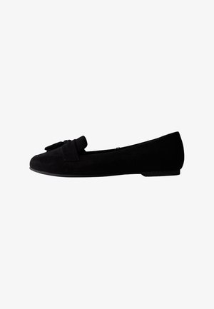 Black suede ballet flats with a rounded toe, featuring a bow accent on the front and a low, flat sole for easy wear.