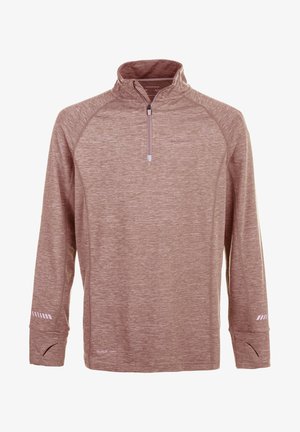 Langärmliges Sportshirt in hellbraun mit einem Viertelreißverschluss-Kragen, gerippter Textur und reflektierenden Akzenten an den Ärmeln. Schnelltrocknendes Material.