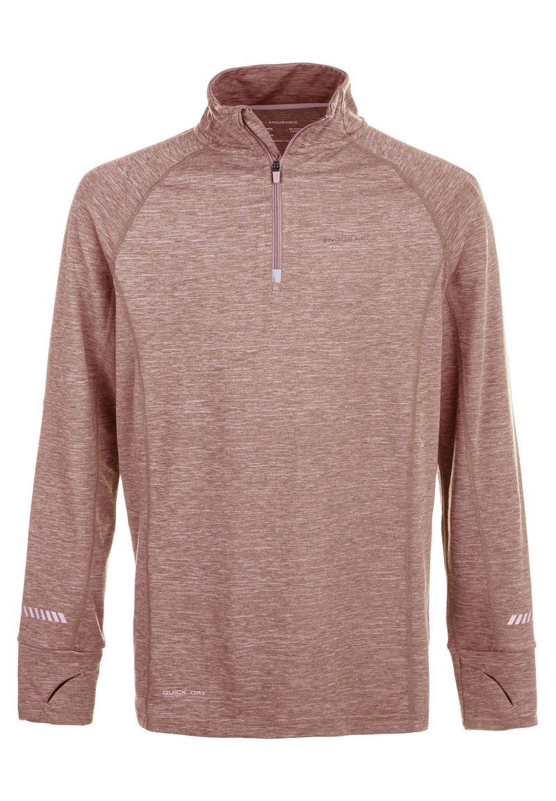 Långärmad atletisk tröja i ljusbrun, med krage som går ner en fjärdedel, ribbad textur och reflekterande detaljer på ärmarna. Snabbtorkande material.